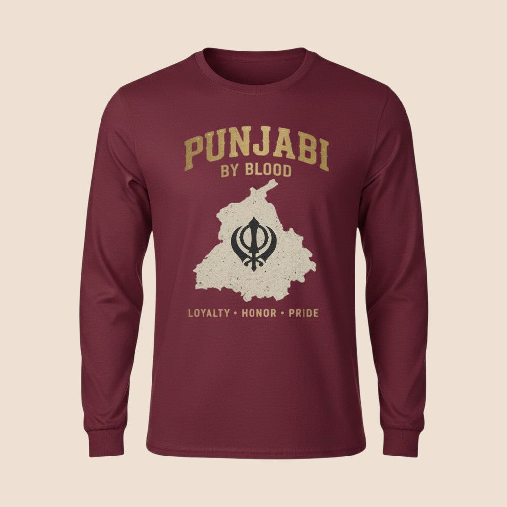 PUNJAB BOLDA maroon long sleeve cotton shirt with Punjabi By Blood graphic, map, and Khanda symbol print.