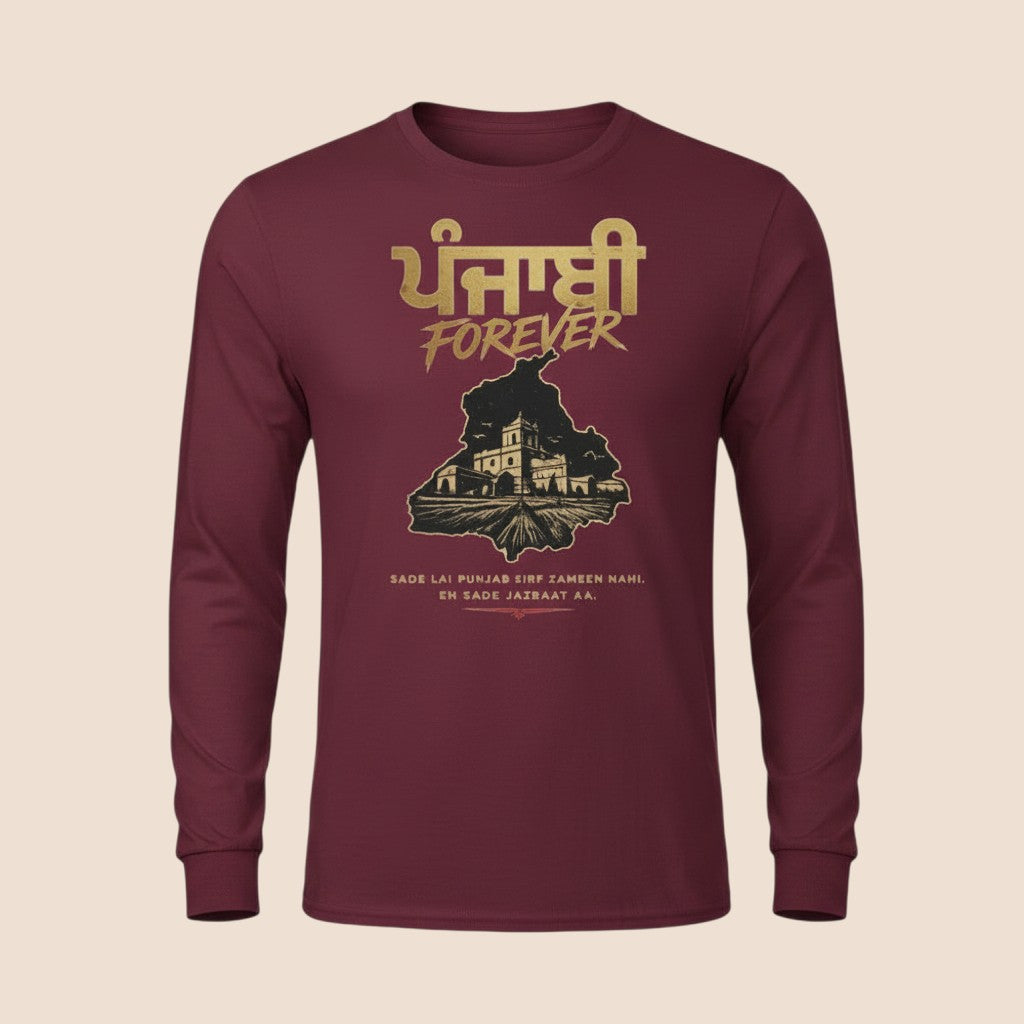 PUNJAB BOLDA maroon long sleeve cotton shirt with Punjabi Forever graphic print and cultural illustration.