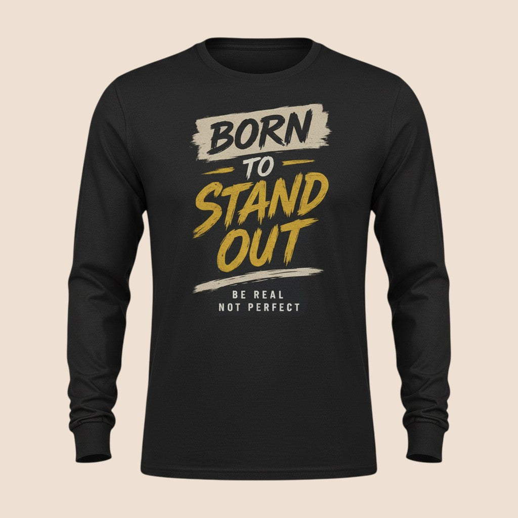 PUNJAB BOLDA black long sleeve cotton shirt with Born To Stand Out graphic print in yellow and white text.