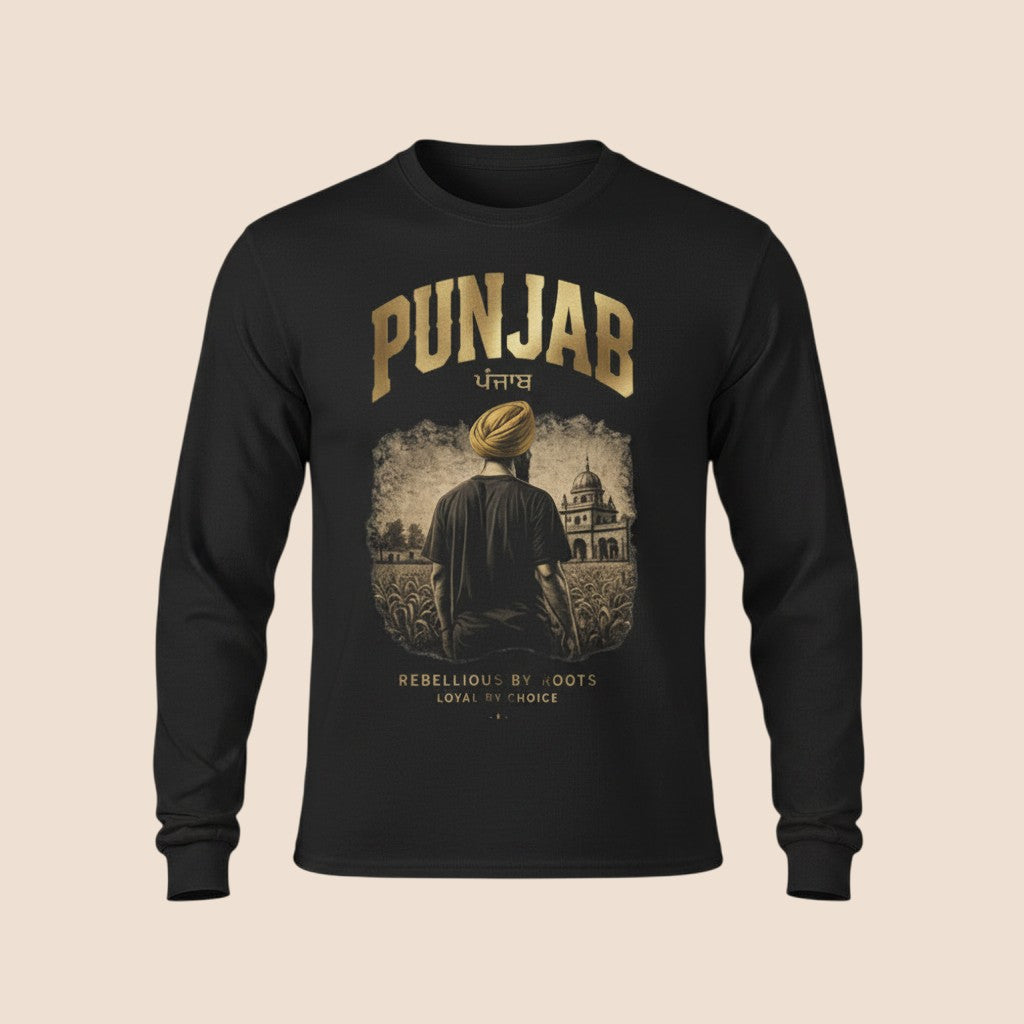 PUNJAB BOLDA black long sleeve cotton shirt featuring a gold graphic of a man in a turban before a historic building.