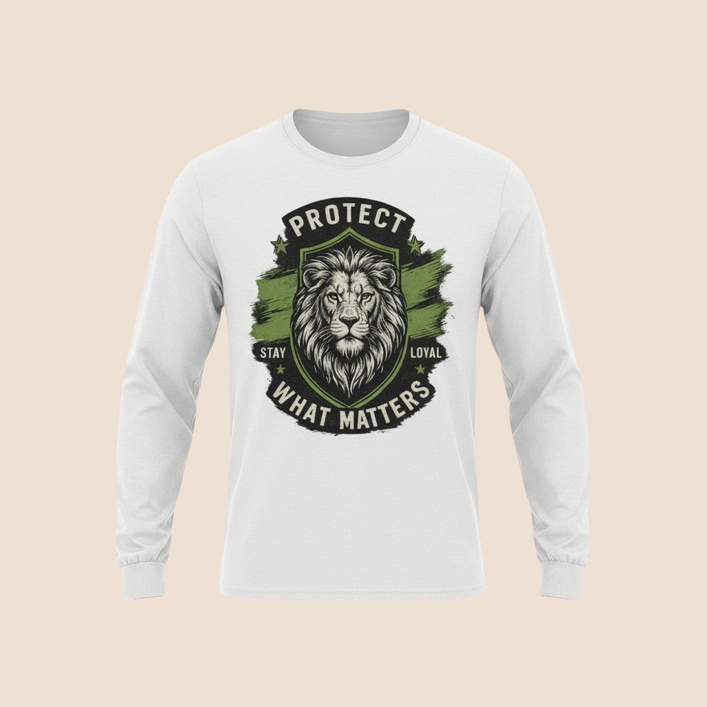 PUNJAB BOLDA white long sleeve cotton shirt with a lion graphic and Protect What Matters Stay Loyal text.