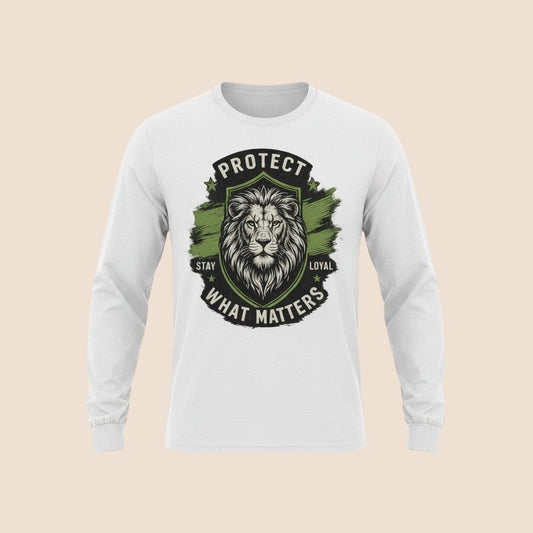 PUNJAB BOLDA white long sleeve cotton shirt with a lion graphic and Protect What Matters Stay Loyal text.
