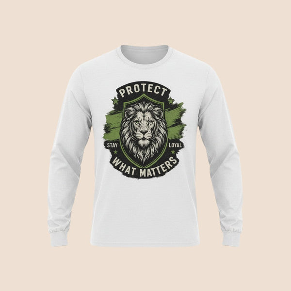 PUNJAB BOLDA white long sleeve cotton shirt with a lion graphic and Protect What Matters Stay Loyal text.