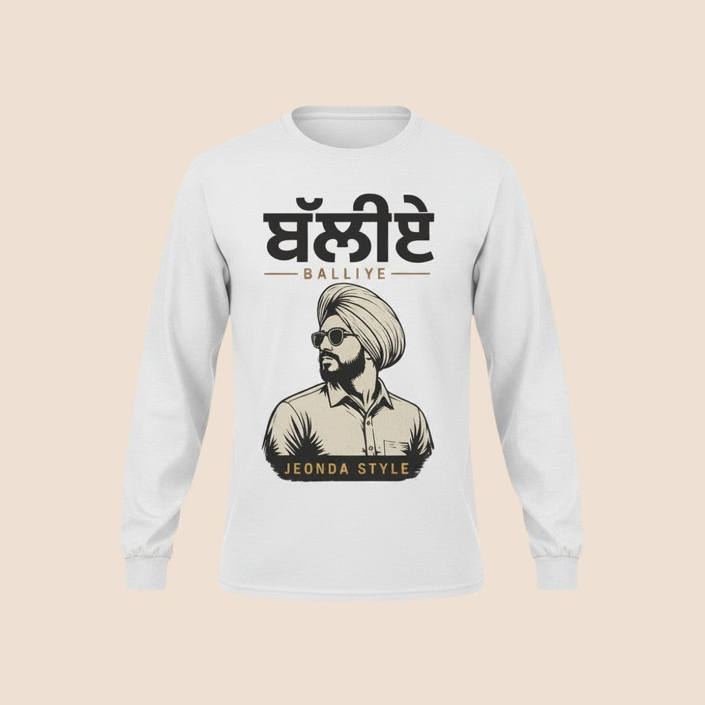 PUNJAB BOLDA white long sleeve cotton shirt featuring a graphic of a man in a turban and sunglasses with Punjabi text.