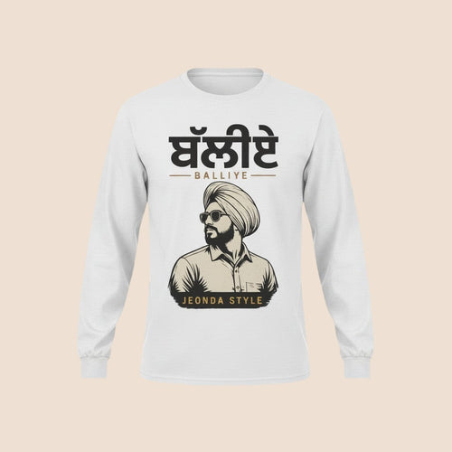 PUNJAB BOLDA white long sleeve cotton shirt featuring a graphic of a man in a turban and sunglasses with Punjabi text.
