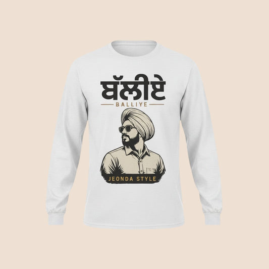 PUNJAB BOLDA white long sleeve cotton shirt featuring a graphic of a man in a turban and sunglasses with Punjabi text.
