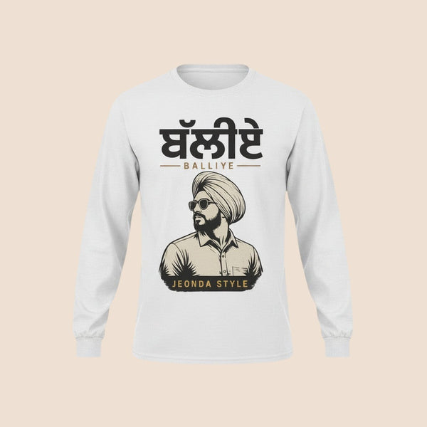 PUNJAB BOLDA white long sleeve cotton shirt featuring a graphic of a man in a turban and sunglasses with Punjabi text.