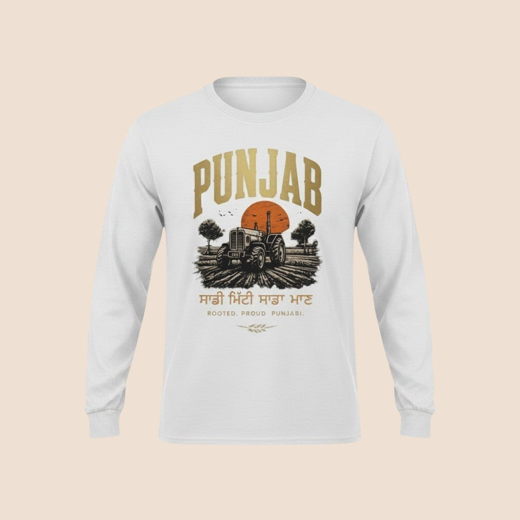 PUNJAB BOLDA white long sleeve cotton shirt with a graphic print of a tractor in a field at sunset.