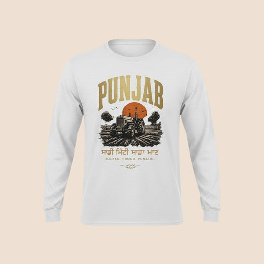 PUNJAB BOLDA white long sleeve cotton shirt with a graphic print of a tractor in a field at sunset.