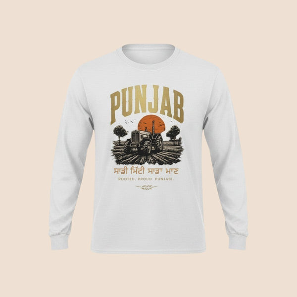 PUNJAB BOLDA white long sleeve cotton shirt with a graphic print of a tractor in a field at sunset.
