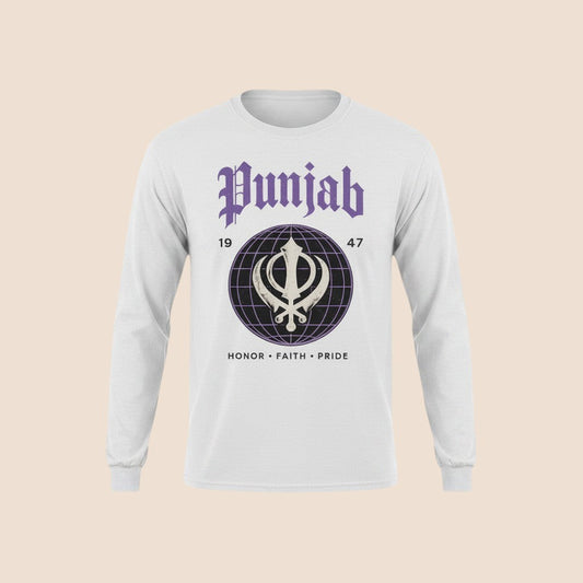 PUNJAB BOLDA white long sleeve cotton shirt featuring a purple Punjab graphic with a Khanda symbol and globe design.