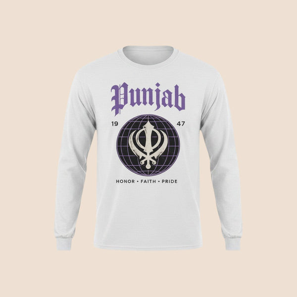 PUNJAB BOLDA white long sleeve cotton shirt featuring a purple Punjab graphic with a Khanda symbol and globe design.