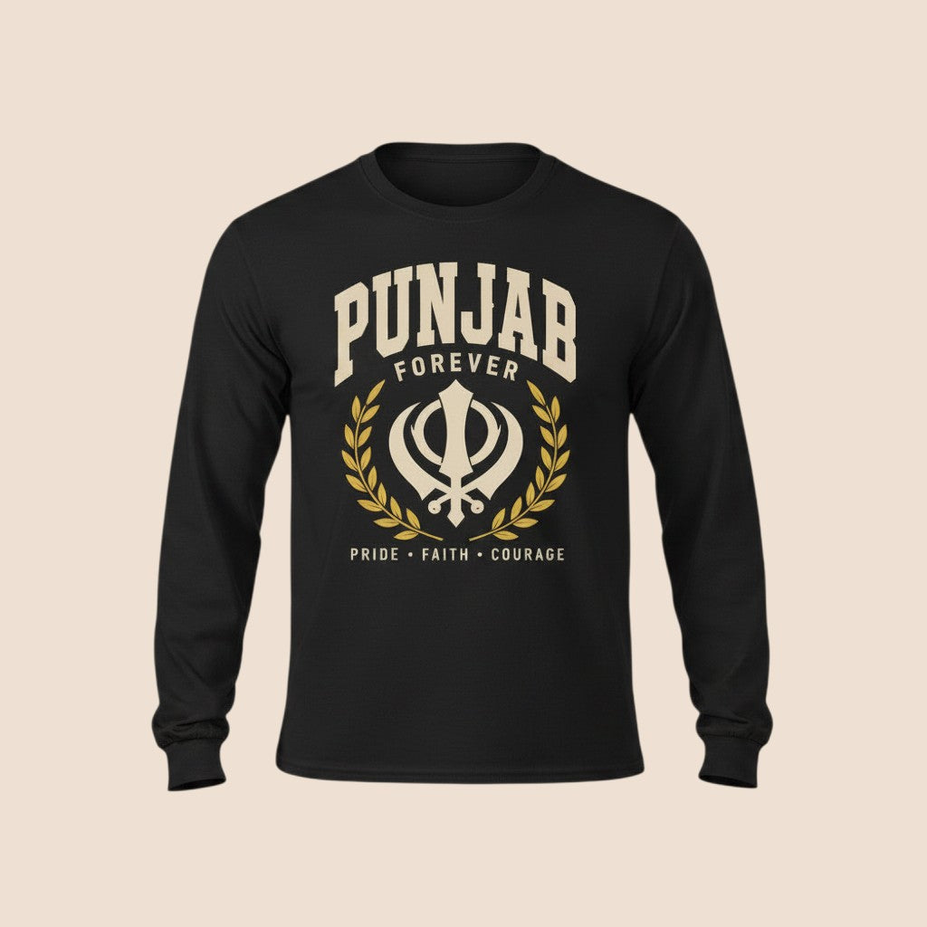 PUNJAB BOLDA black long sleeve cotton shirt with Punjab Forever graphic, Khanda symbol, and laurel wreath design.