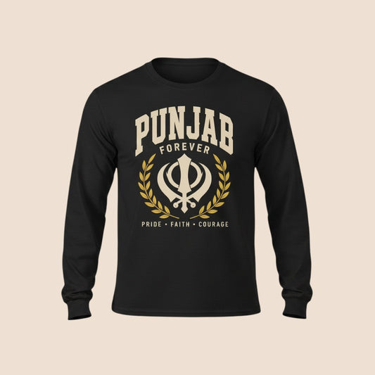 PUNJAB BOLDA black long sleeve cotton shirt with Punjab Forever graphic, Khanda symbol, and laurel wreath design.