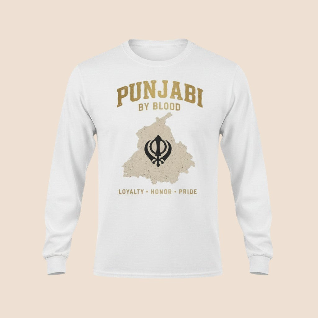 PUNJAB BOLDA white long sleeve cotton shirt featuring a Punjabi by Blood graphic with a Khanda symbol and map.