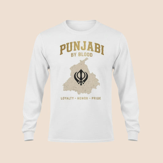 PUNJAB BOLDA white long sleeve cotton shirt featuring a Punjabi by Blood graphic with a Khanda symbol and map.