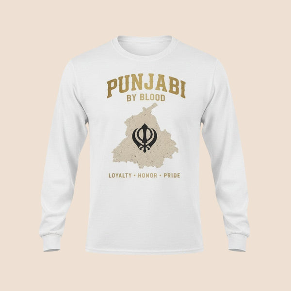 PUNJAB BOLDA white long sleeve cotton shirt featuring a Punjabi by Blood graphic with a Khanda symbol and map.