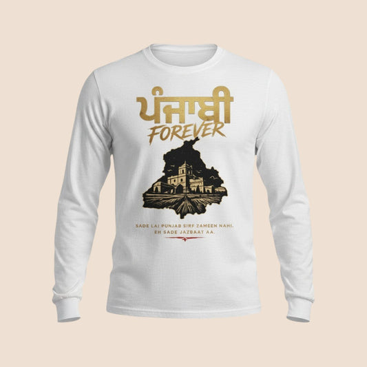 PUNJAB BOLDA white long sleeve cotton shirt featuring Punjabi Forever graphic with cultural artwork and text.