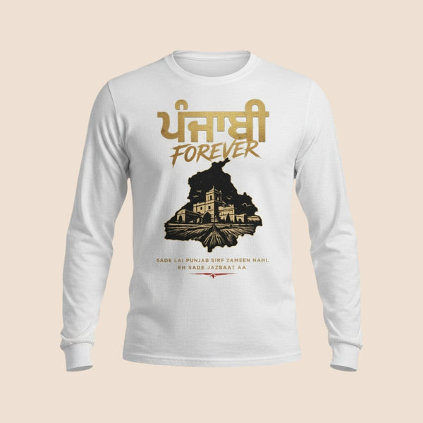PUNJAB BOLDA white long sleeve cotton shirt featuring Punjabi Forever graphic with cultural artwork and text.