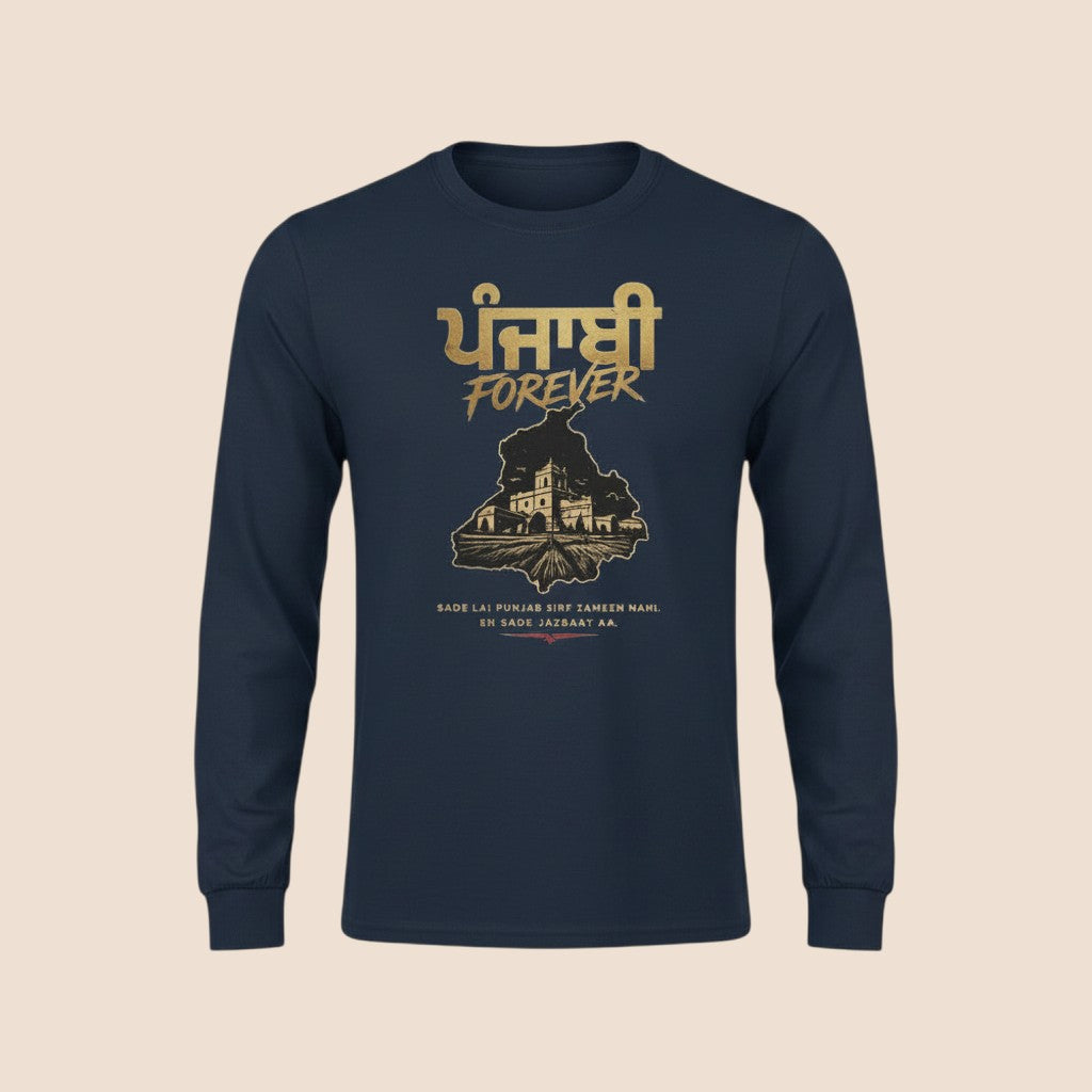 PUNJAB BOLDA navy blue long sleeve cotton shirt with Punjabi Forever graphic print and cultural design.