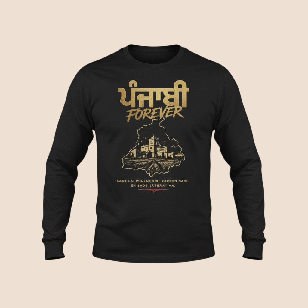 PUNJAB BOLDA black long sleeve cotton shirt with gold Punjabi Forever graphic print and cultural illustration.