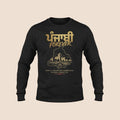 PUNJAB BOLDA black long sleeve cotton shirt with gold Punjabi Forever graphic print and cultural illustration.