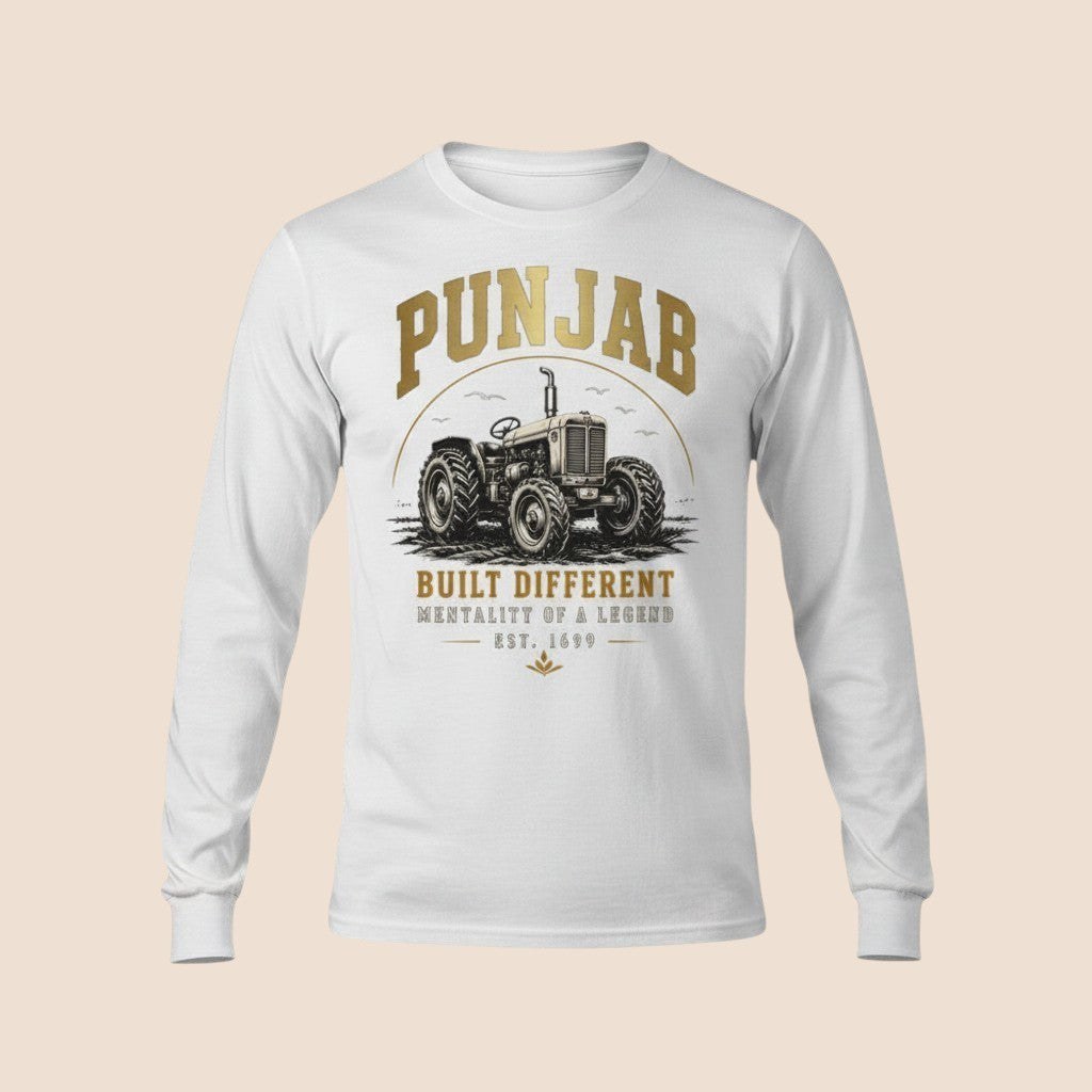 PUNJAB BOLDA white long sleeve cotton shirt with a vintage tractor graphic and Punjab Built Different text print.