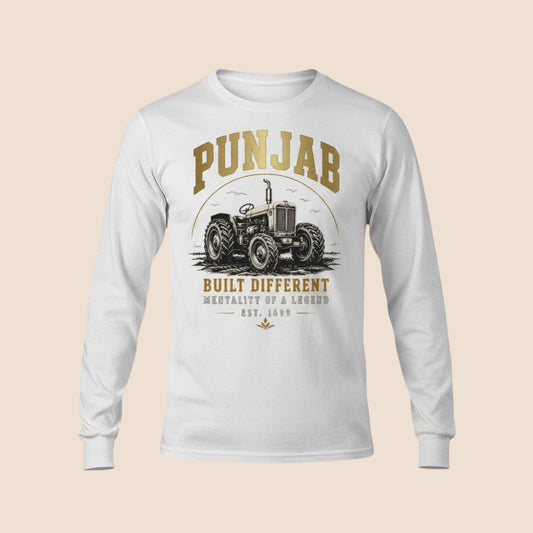 PUNJAB BOLDA white long sleeve cotton shirt with a vintage tractor graphic and Punjab Built Different text print.