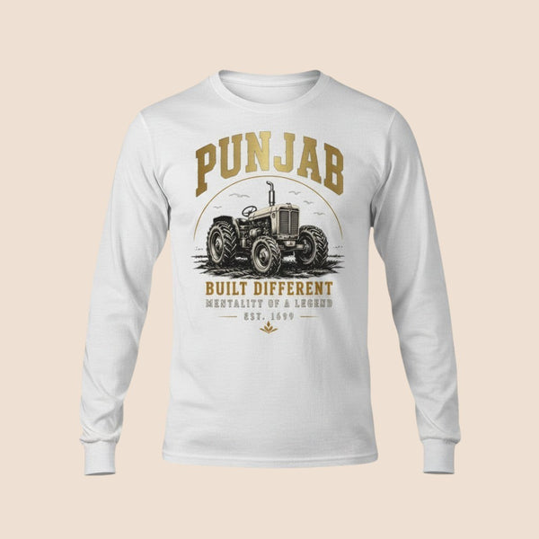 PUNJAB BOLDA white long sleeve cotton shirt with a vintage tractor graphic and Punjab Built Different text print.