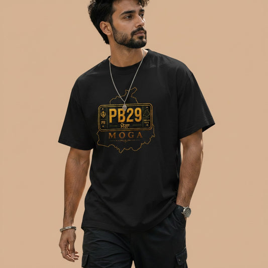 PUNJAB BOLDA black unisex classic tee with Moga district map graphic and PB29 license plate design.
