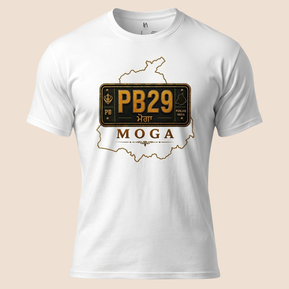 PUNJAB BOLDA white unisex classic tee featuring a Moga district PB29 license plate graphic and heritage map design.