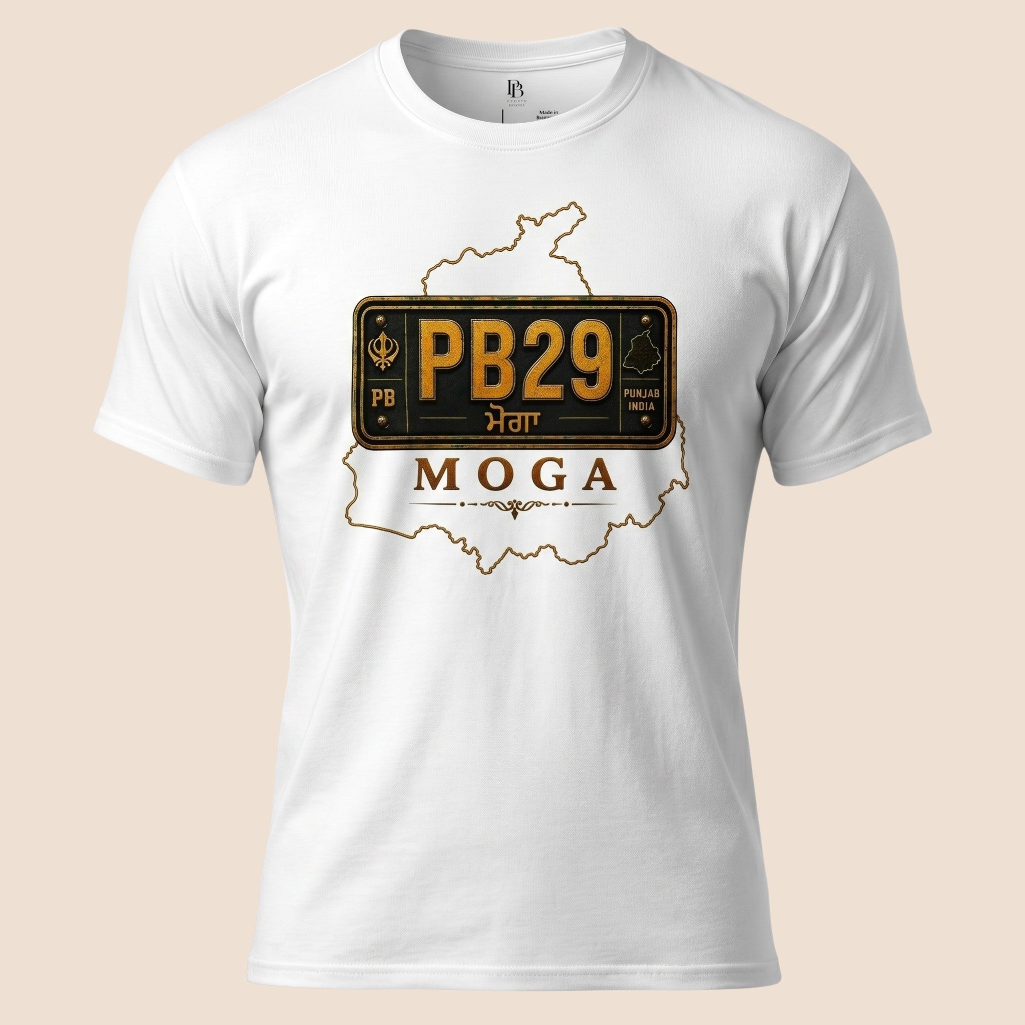 PUNJAB BOLDA white unisex classic tee featuring a Moga district PB29 license plate graphic and heritage map design.