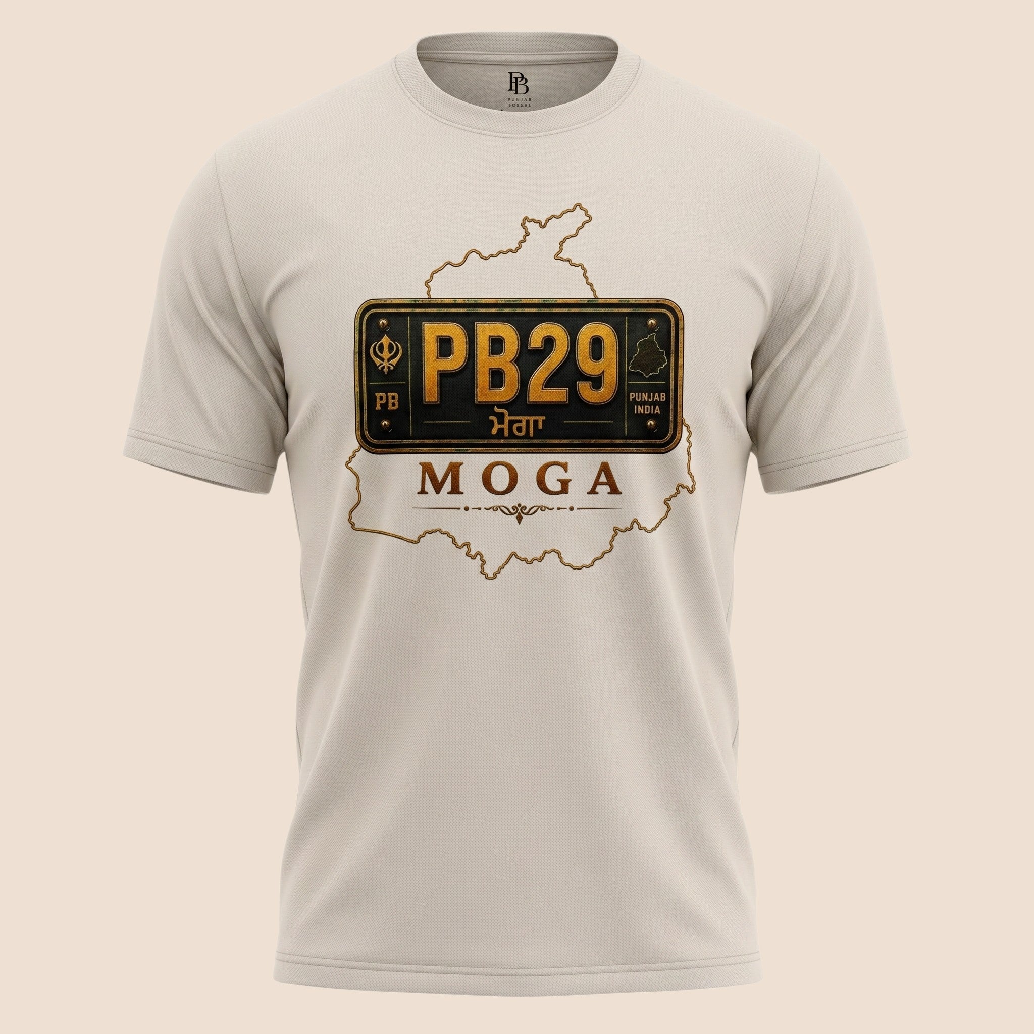 PUNJAB BOLDA MOGA unisex classic tee in beige featuring a PB29 district license plate graphic and Punjab map outline.