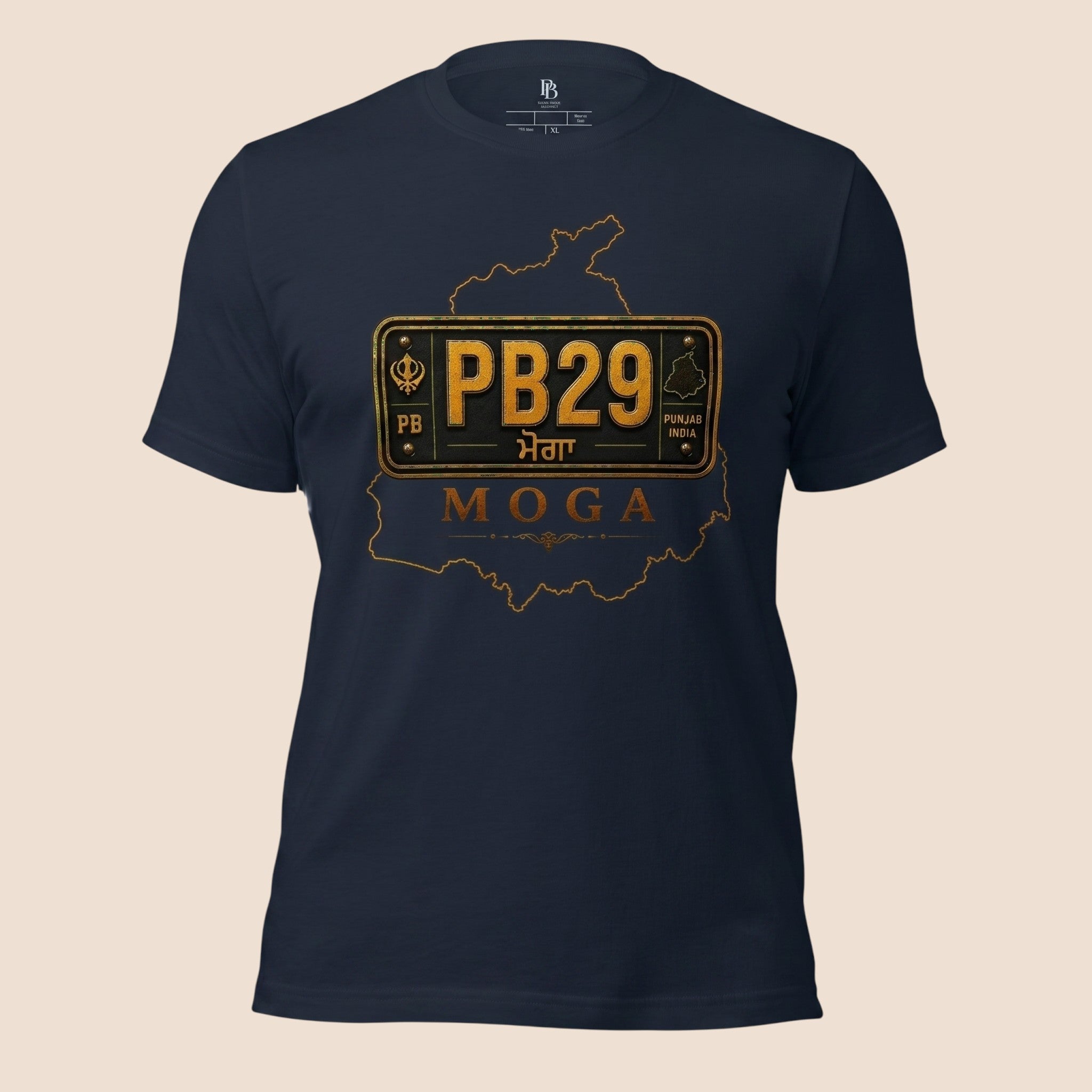 PUNJAB BOLDA navy blue unisex classic tee featuring a gold PB29 Moga district license plate graphic design.