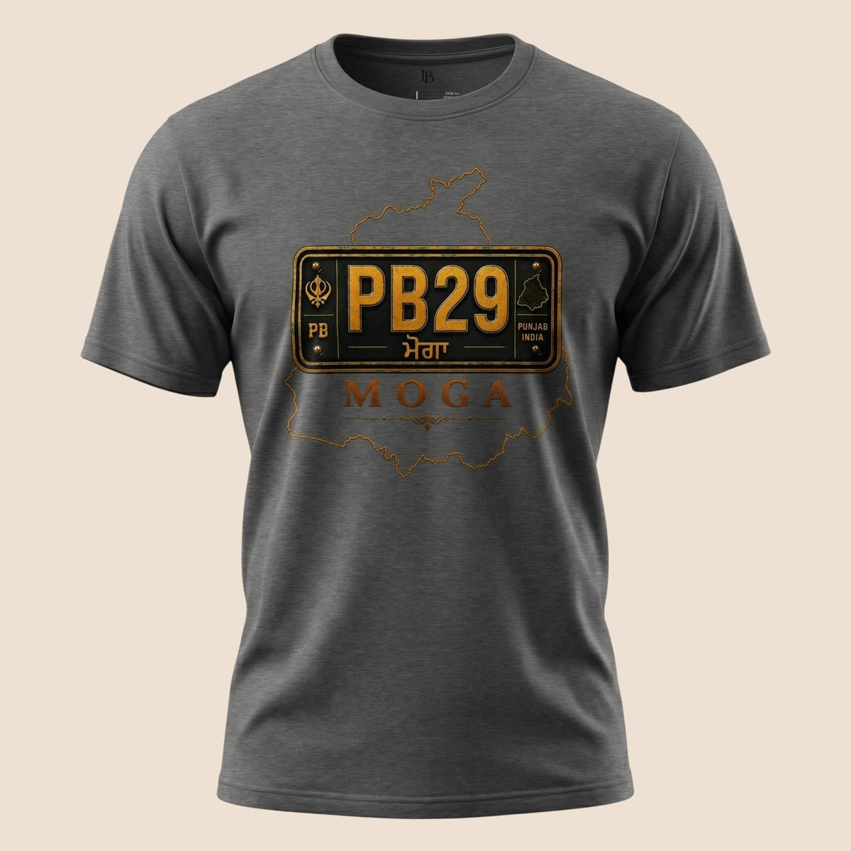 PUNJAB BOLDA MOGA unisex classic grey t-shirt featuring a PB29 district license plate graphic and Punjab map outline.
