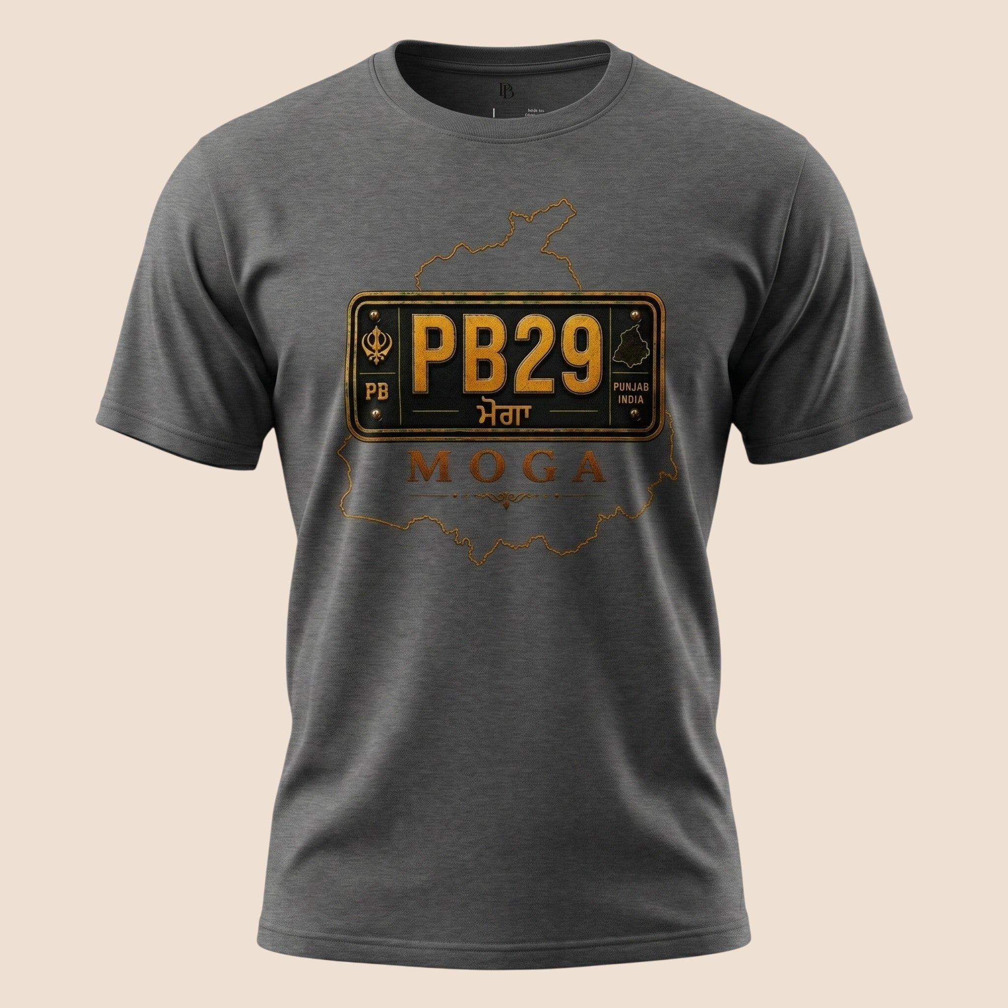 PUNJAB BOLDA MOGA unisex classic grey t-shirt featuring a PB29 district license plate graphic and Punjab map outline.