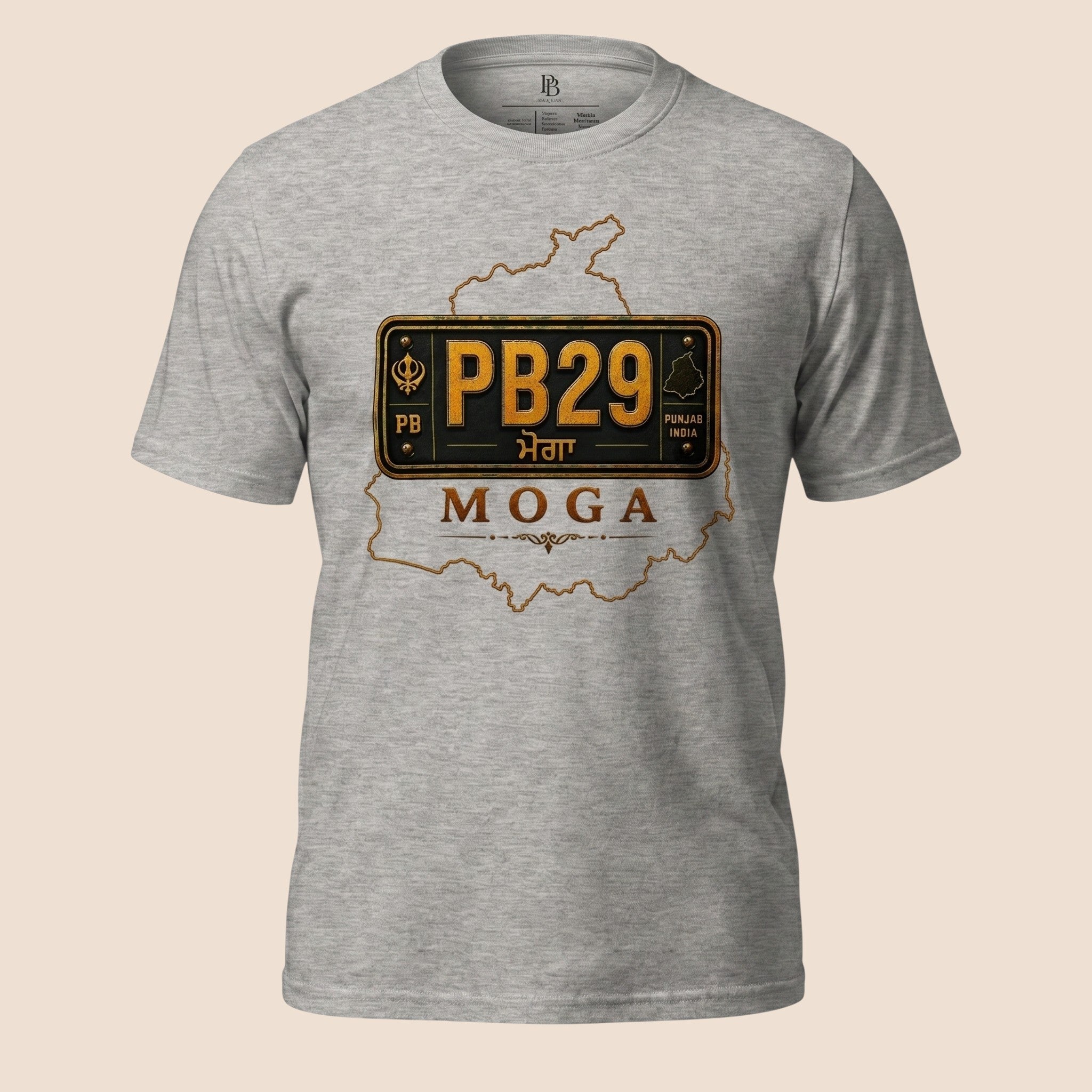 PUNJAB BOLDA MOGA unisex grey heather classic tee featuring a vintage PB29 license plate graphic and district outline.