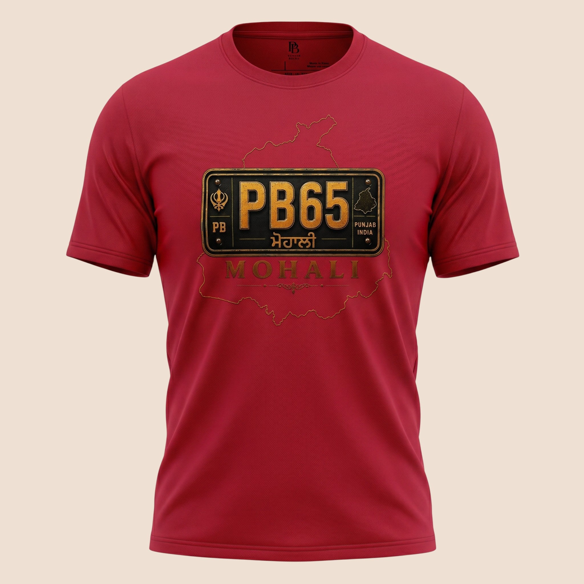 PUNJAB BOLDA red unisex classic tee featuring a PB65 Mohali district license plate graphic and heritage design.