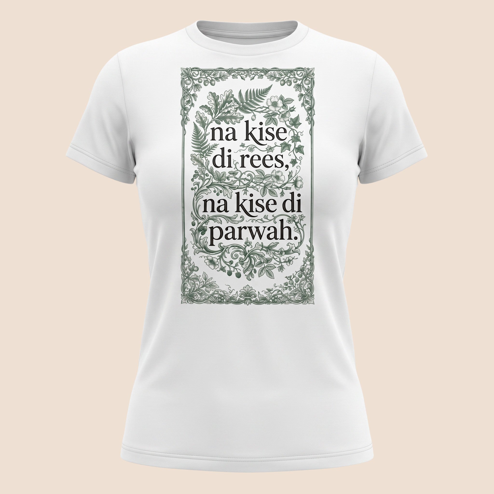 PUNJAB BOLDA white unisex classic tee featuring green floral frame and Na Kise Di Rees Punjabi typography graphic.