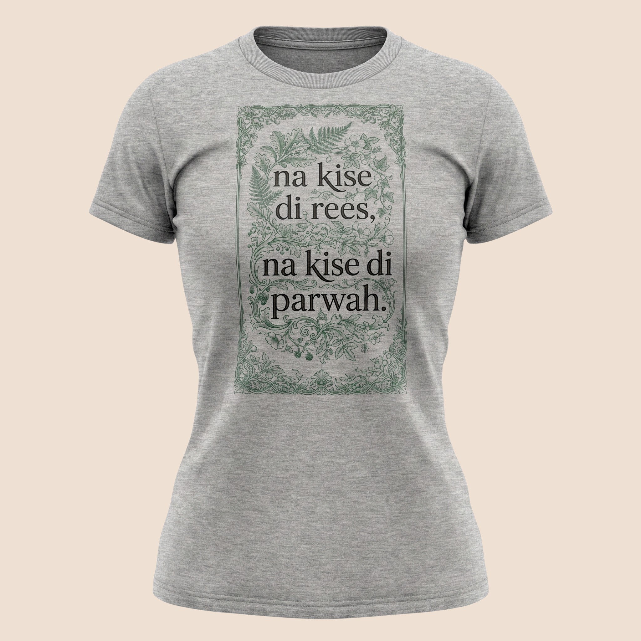 PUNJAB BOLDA grey unisex classic tee featuring a green floral frame and the Punjabi quote Na Kise Di Rees.