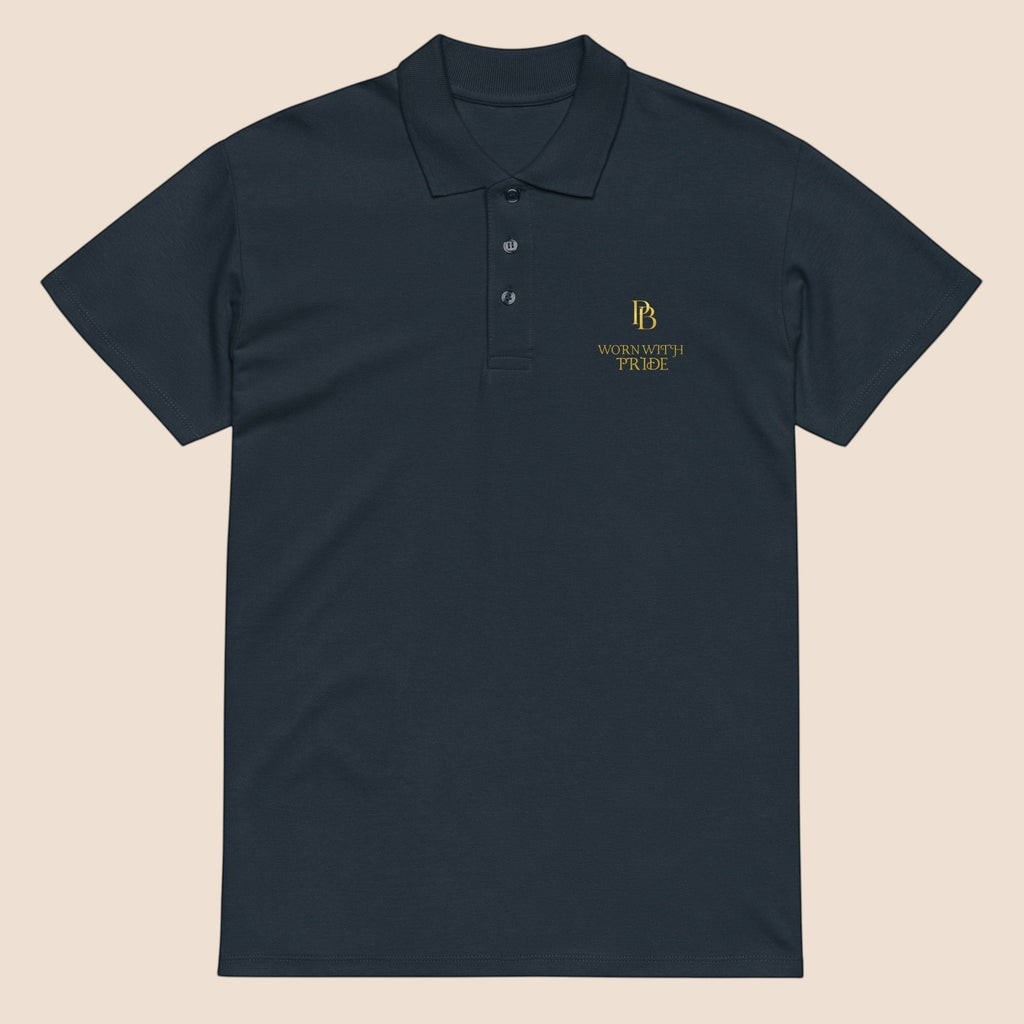 PUNJAB BOLDA navy blue cotton polo shirt with WORN WITH PRIDE gold embroidery, ribbed collar, and 3-button placket.