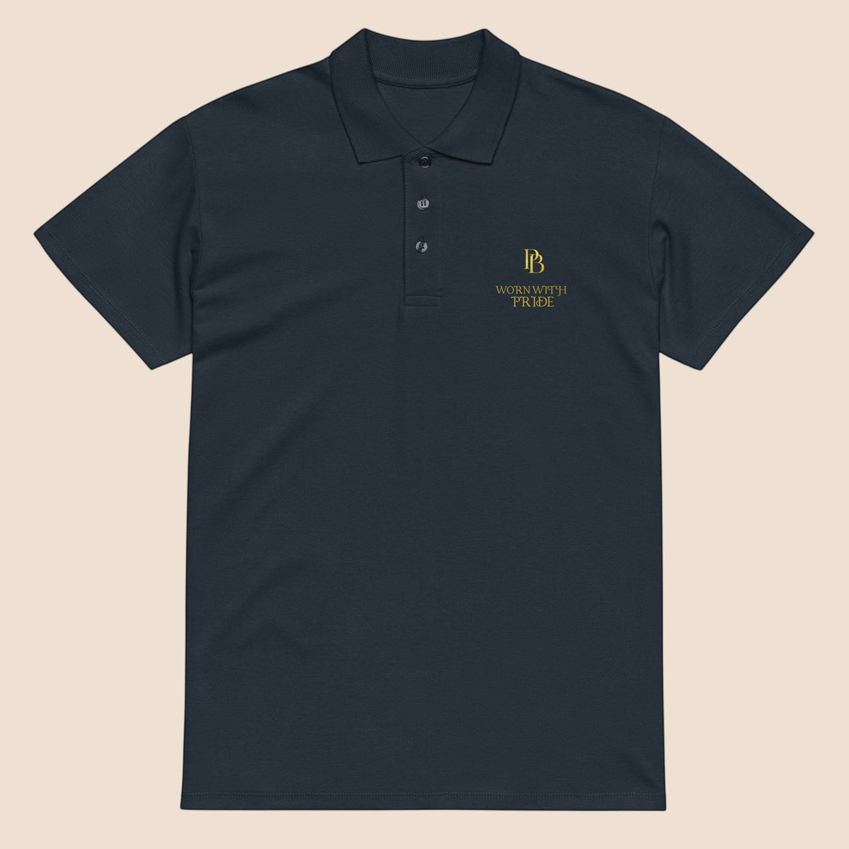PUNJAB BOLDA navy blue cotton polo shirt with WORN WITH PRIDE gold embroidery, ribbed collar, and 3-button placket.