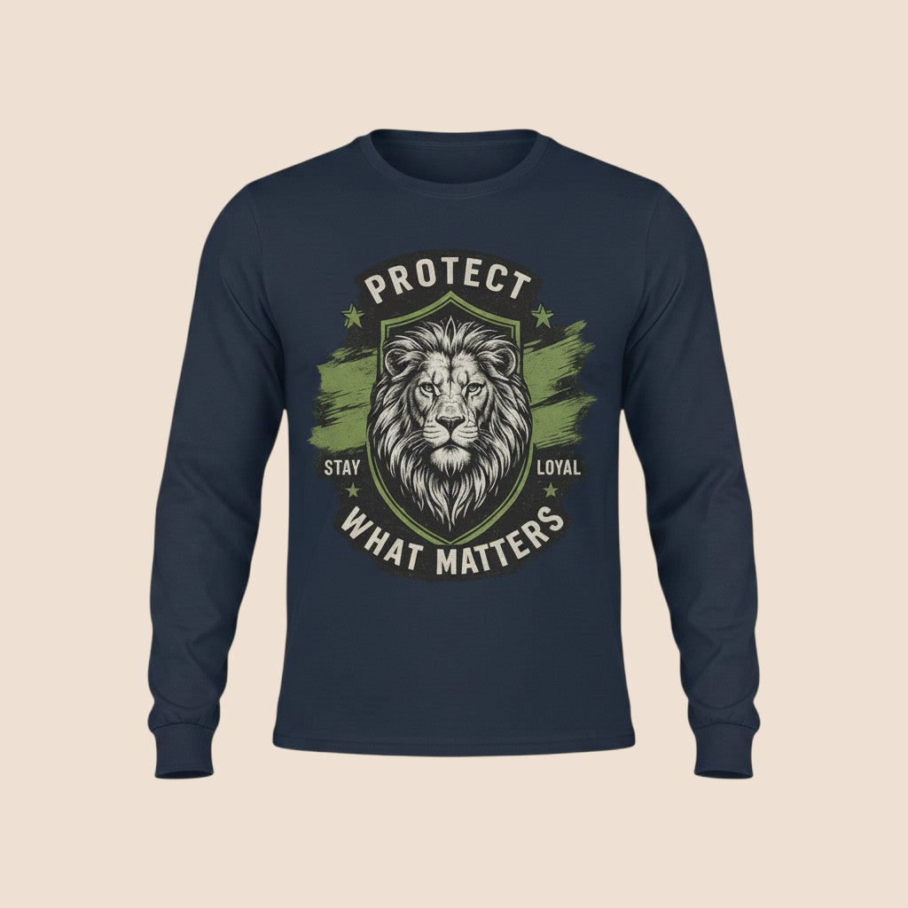 PUNJAB BOLDA navy long sleeve cotton shirt featuring a lion graphic with the text PROTECT WHAT MATTERS.