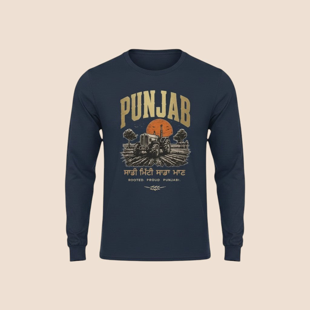 PUNJAB BOLDA navy long sleeve cotton shirt with a vintage tractor graphic and Rooted Proud Punjabi text.