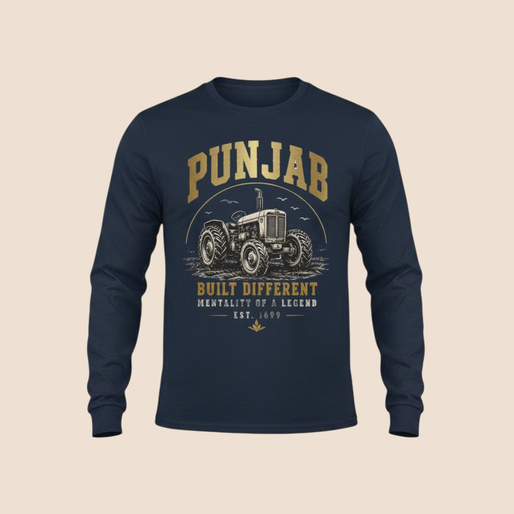 PUNJAB BOLDA navy blue long sleeve cotton shirt featuring a vintage tractor graphic and Punjab Built Different text.