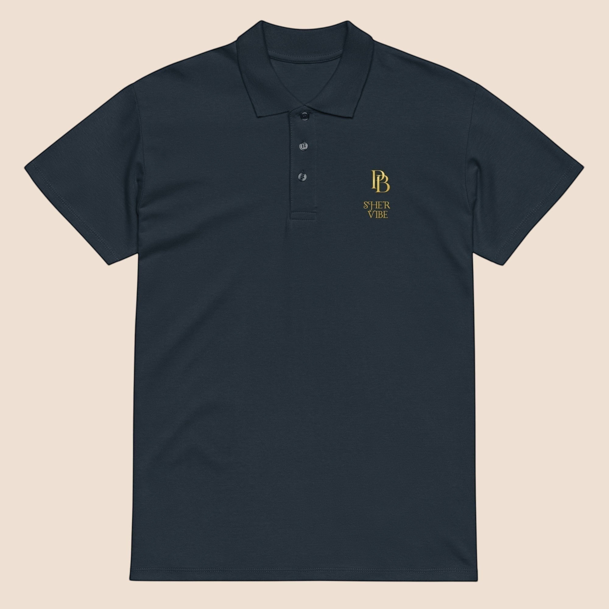 PUNJAB BOLDA navy blue pique cotton polo shirt with gold SHER VIBE logo embroidery and a 3-button placket.