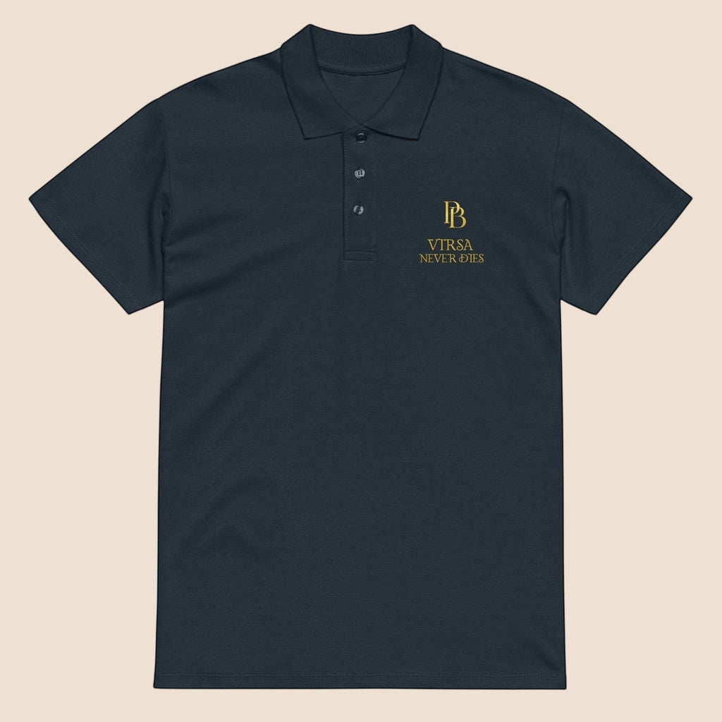 PUNJAB BOLDA navy blue premium pique polo shirt with gold VIRSA NEVER DIES embroidery and 3-button placket.