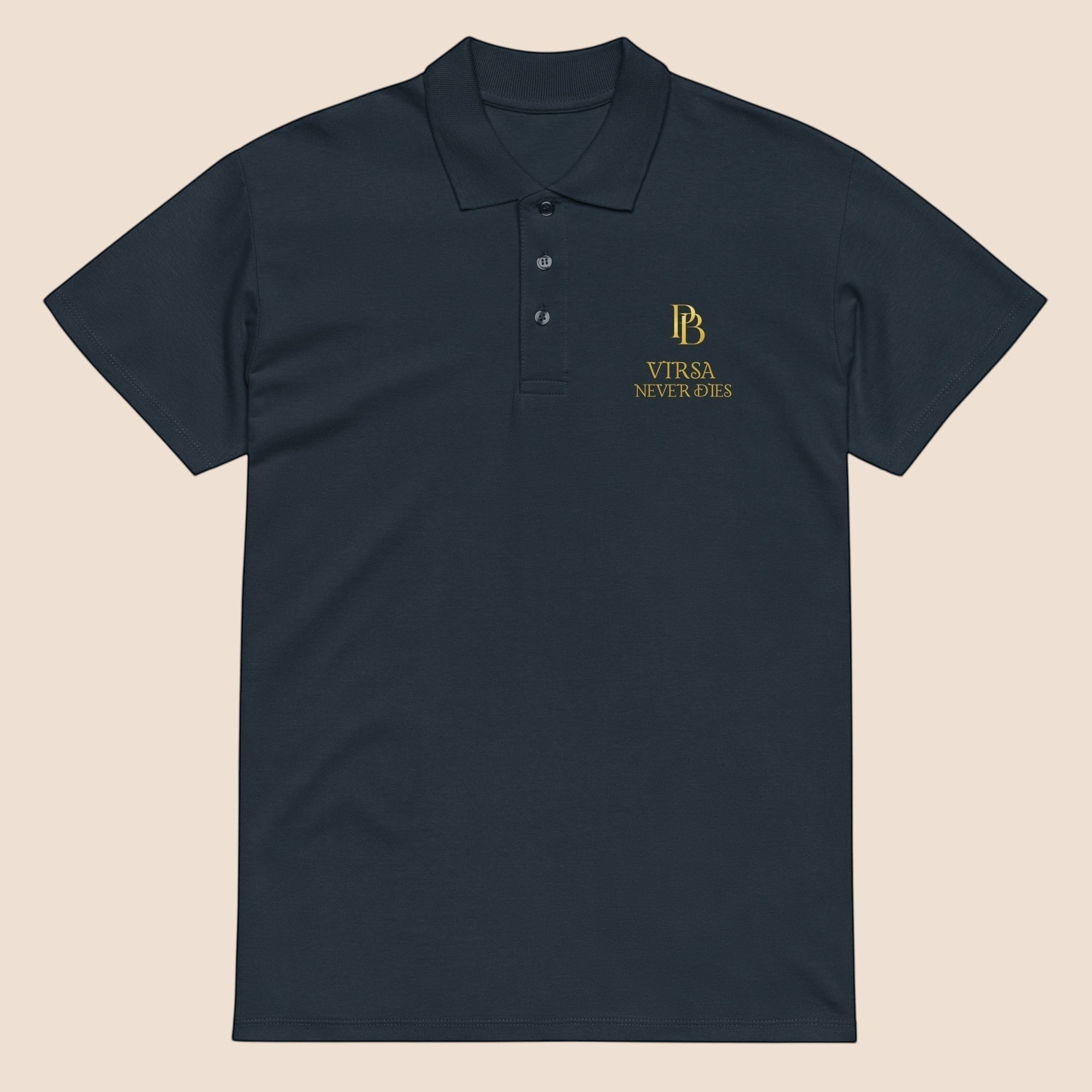 PUNJAB BOLDA navy blue premium pique polo shirt with gold VIRSA NEVER DIES embroidery and 3-button placket.