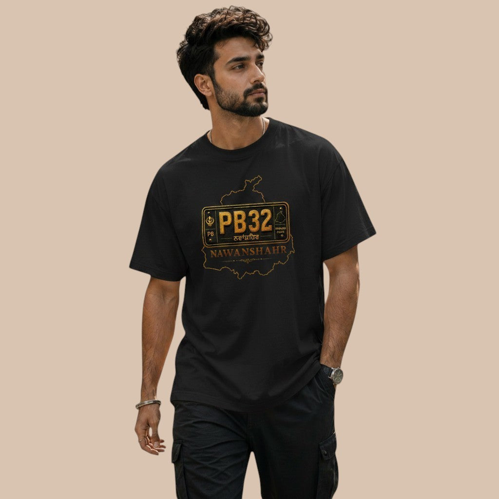 PUNJAB BOLDA black cotton unisex classic tee with Nawanshahr district map graphic and PB32 license plate design.