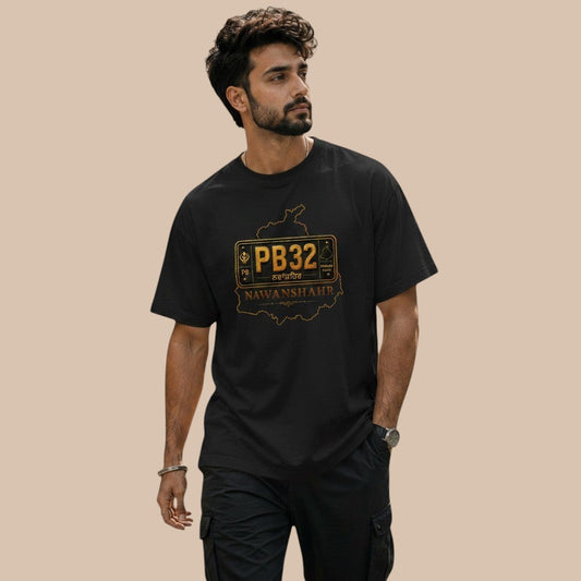PUNJAB BOLDA black cotton unisex classic tee with Nawanshahr district map graphic and PB32 license plate design.